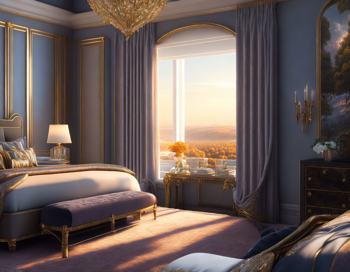 Sophisticated bedroom with golden decor, sunset view, crystal chandelier, and elegant furnishings.