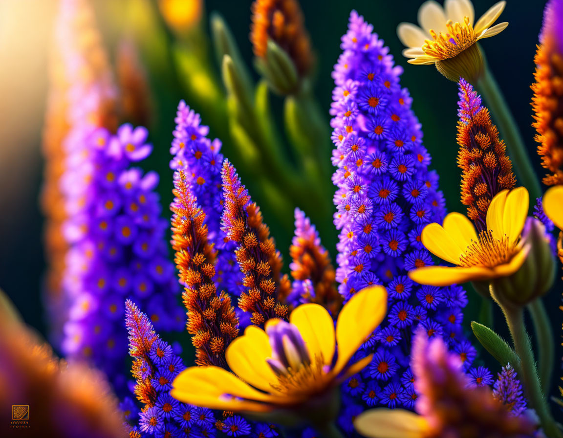 Colorful purple and orange flowers under warm sunlight