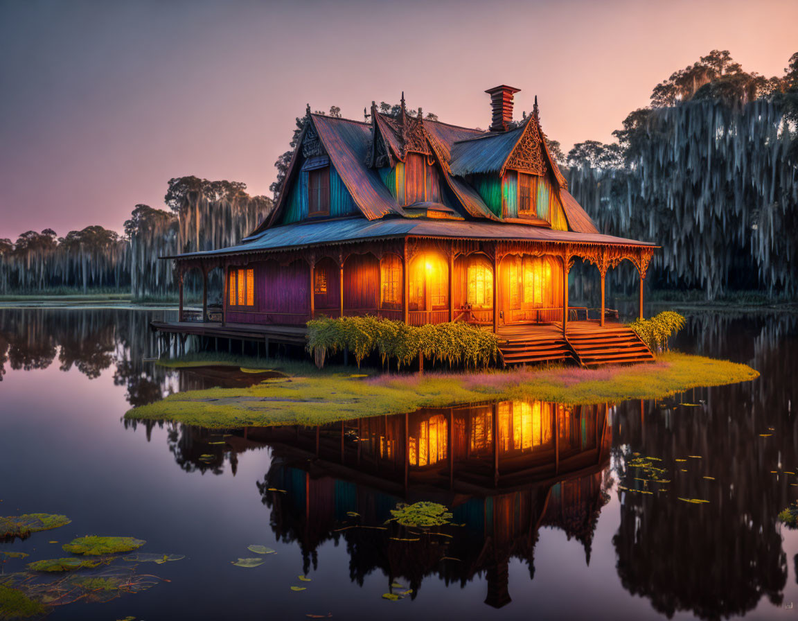 Intricately Designed Wooden House with Glowing Lights by Lake at Dusk