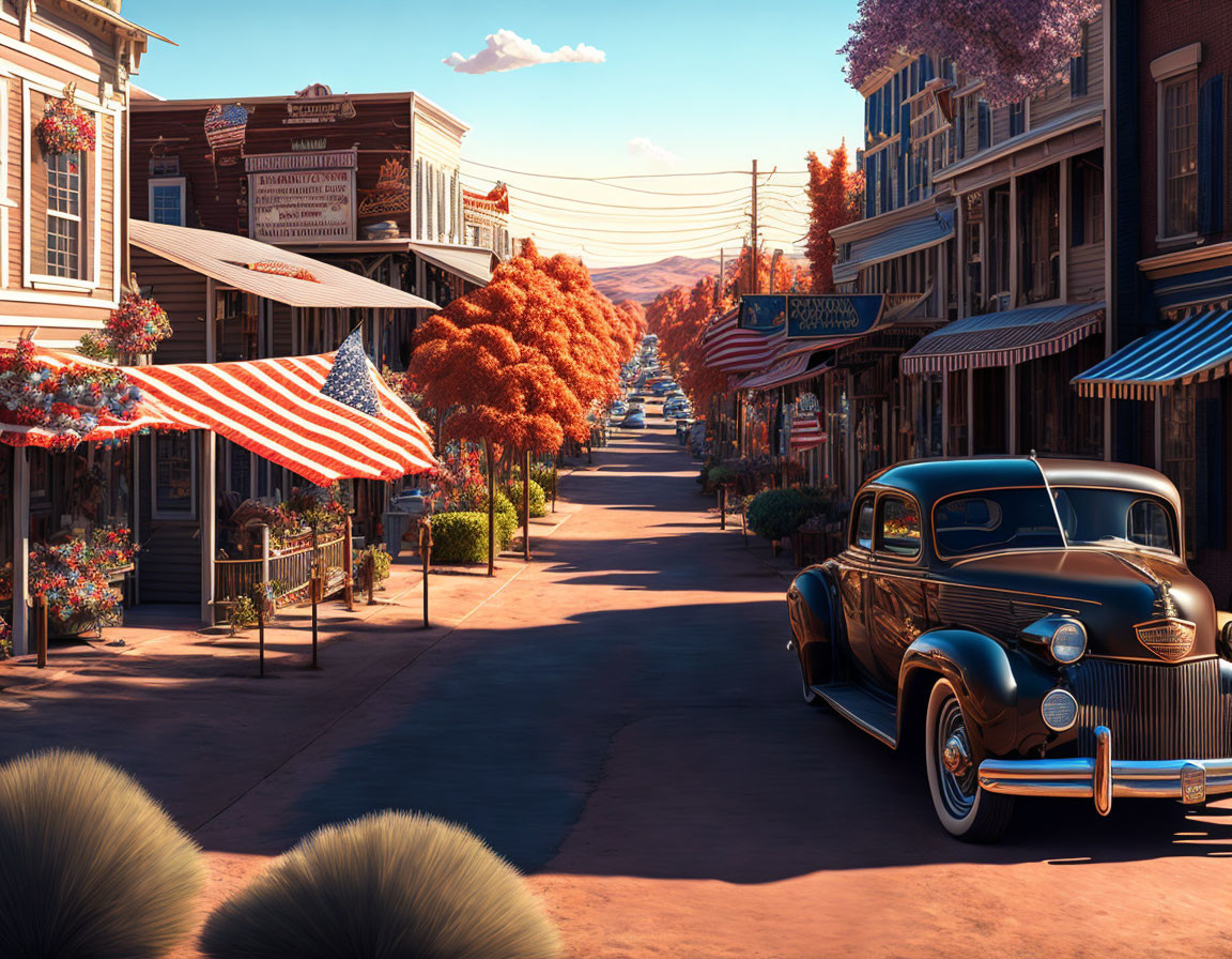 Sunlit small town street with vintage cars, American flags, classic architecture, autumn foliage