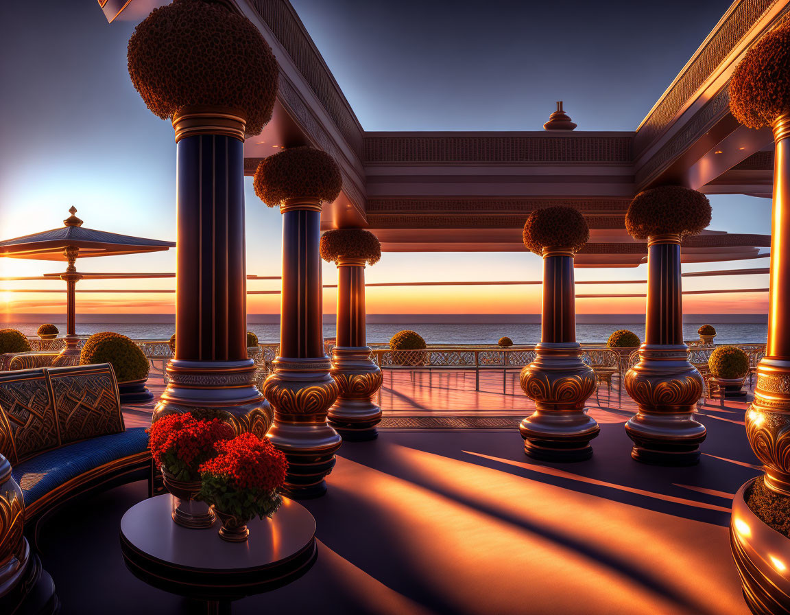 Ornate columns terrace with ocean view and comfortable seating