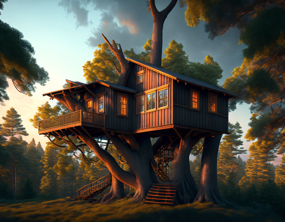 Cozy treehouse with balcony in lush woods at sunrise or sunset