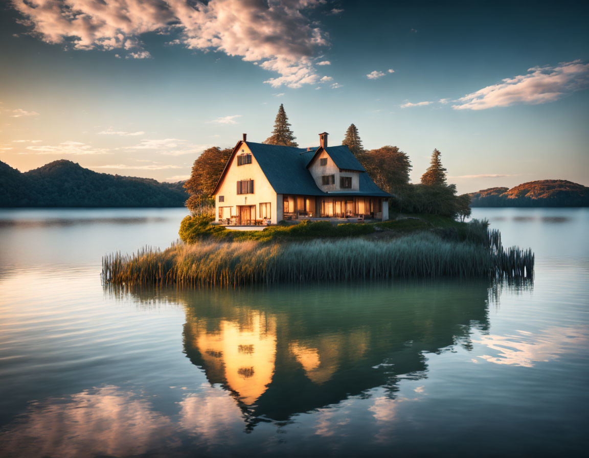 Tranquil Sunset Reflection on Small Island