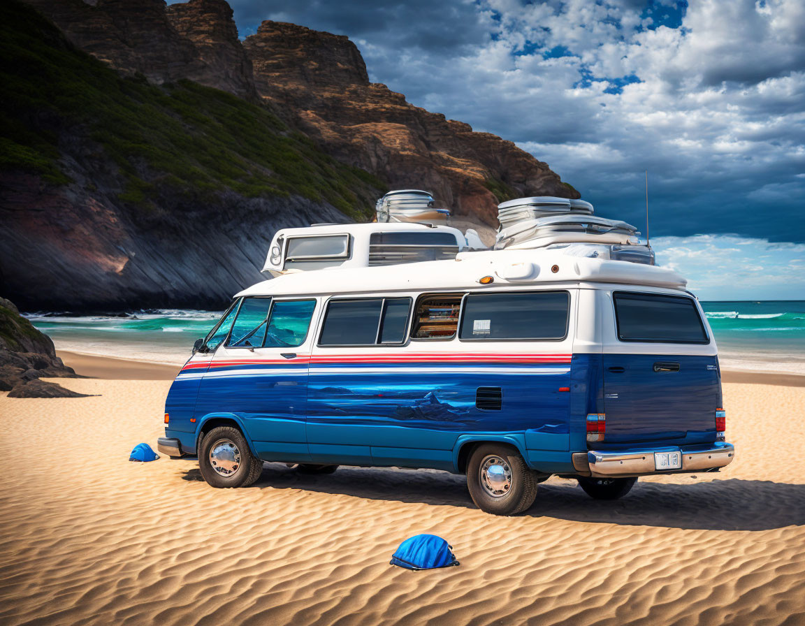 Blue and White Camper Van on Sandy Beach with Rocky Cliffs