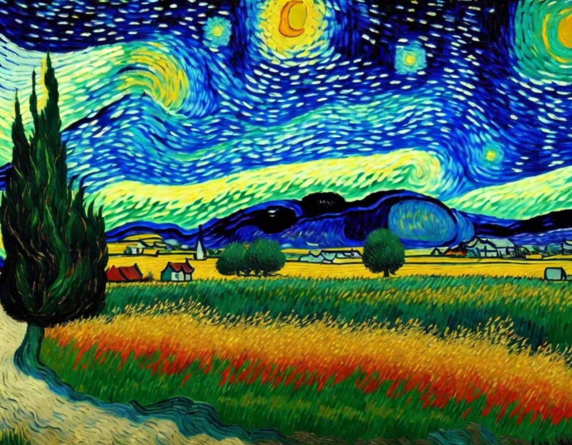 Colorful painting of night sky, cypress tree, wheat field, and mountains