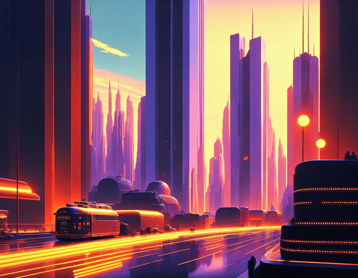 Futuristic cityscape with towering skyscrapers and glowing lights