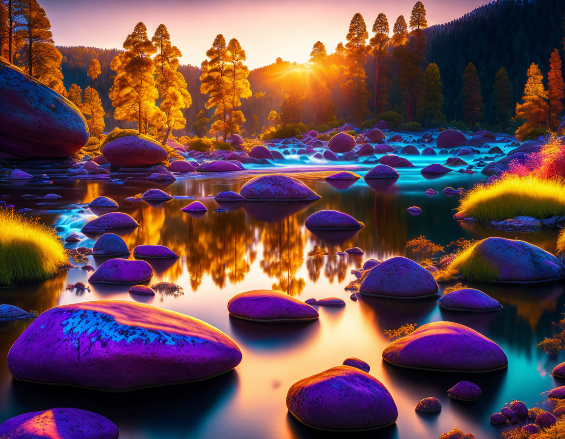 Serene river sunset with purple rocks and lush trees