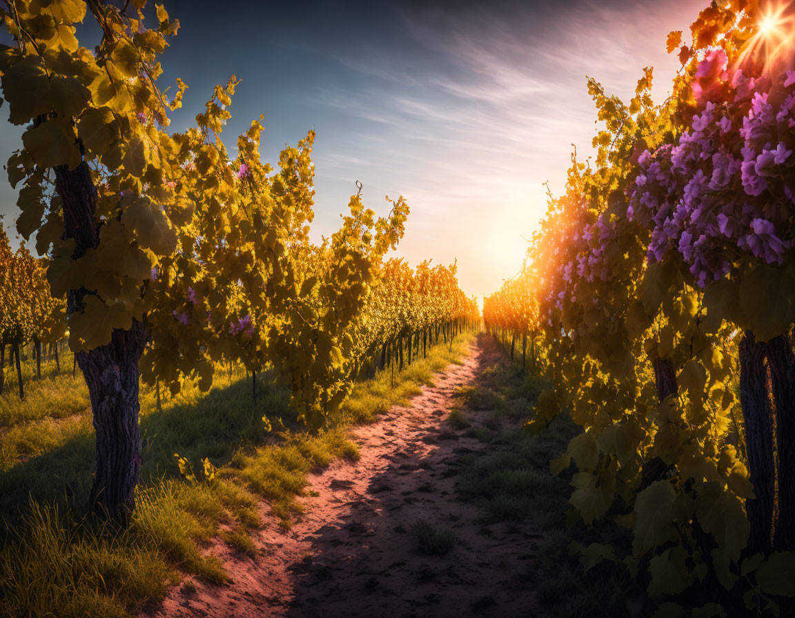 Tranquil Vineyard at Sunset with Arched Grapevine Tunnel