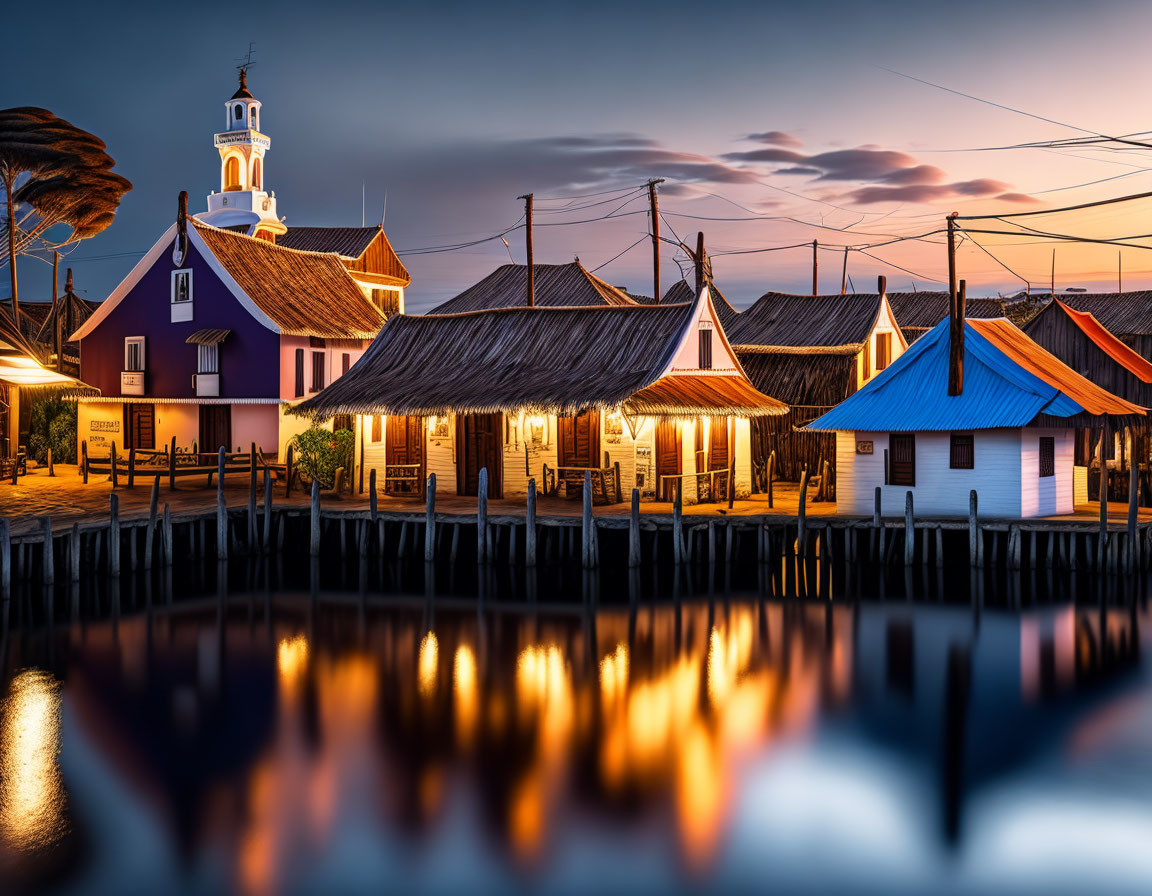 Quaint waterfront village with illuminated buildings and church steeple.