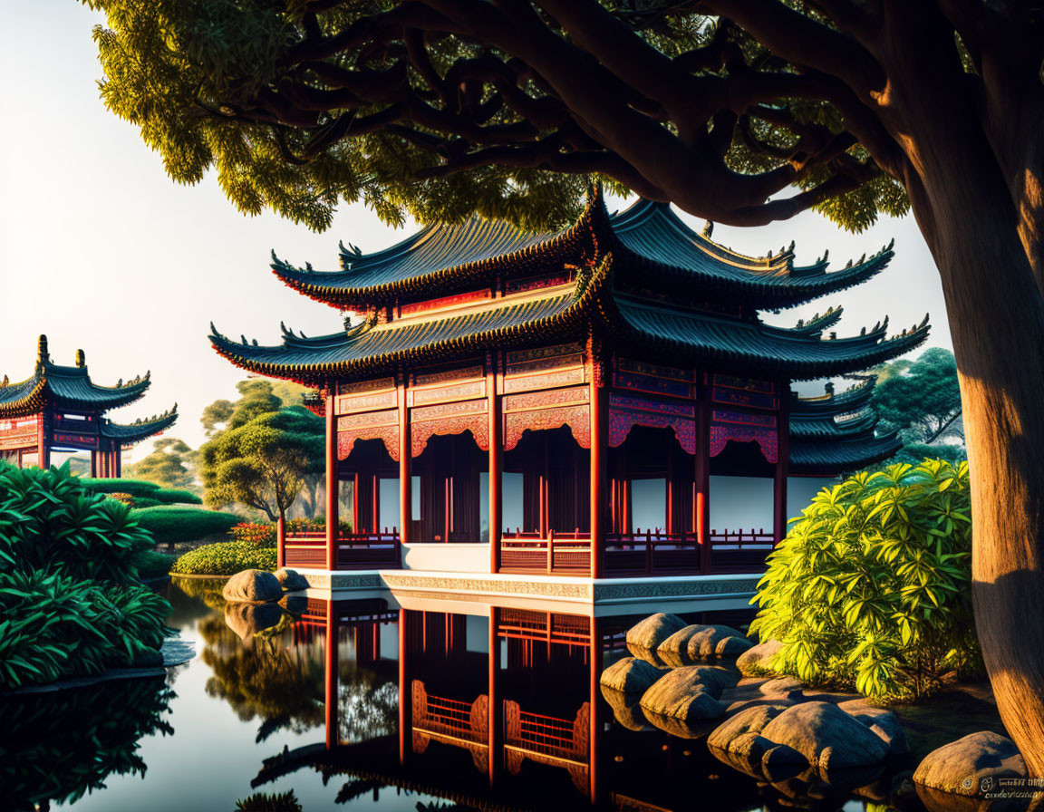 Intricate Traditional Chinese Architecture in Serene Garden