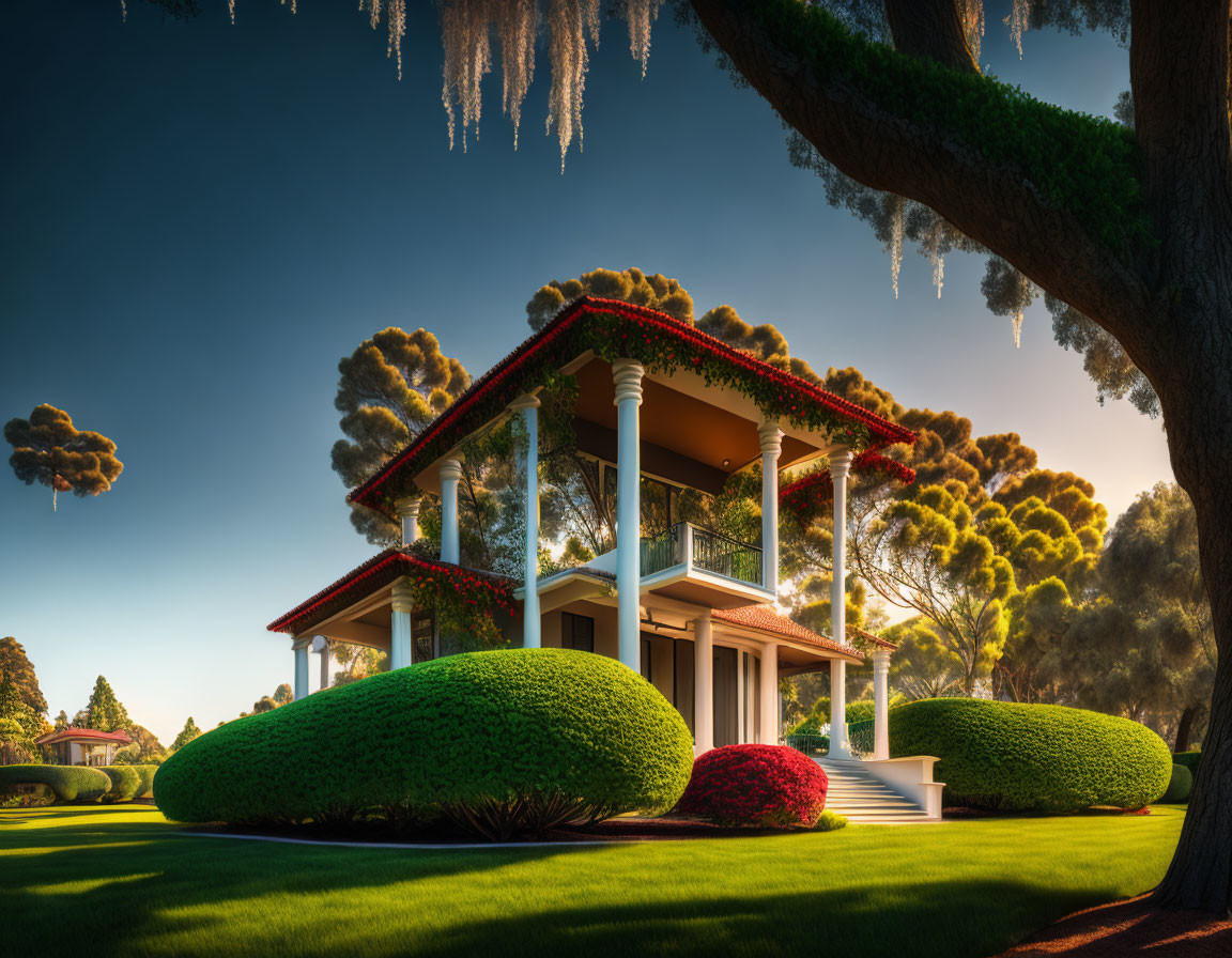 Beautiful House with Large Porch and Lush Greenery under Clear Blue Sky