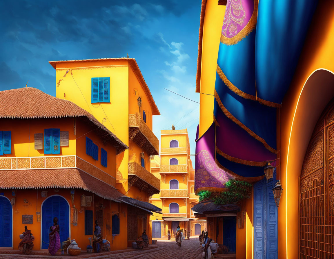 Colorful Street Scene with Golden-Yellow and Blue Buildings at Twilight