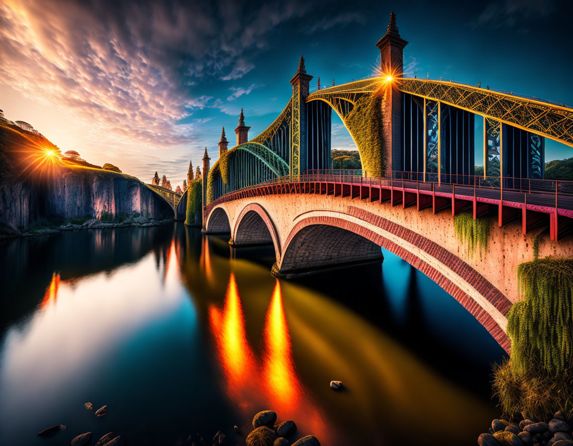 Gothic arch bridge over calm water at sunset with vibrant reflections