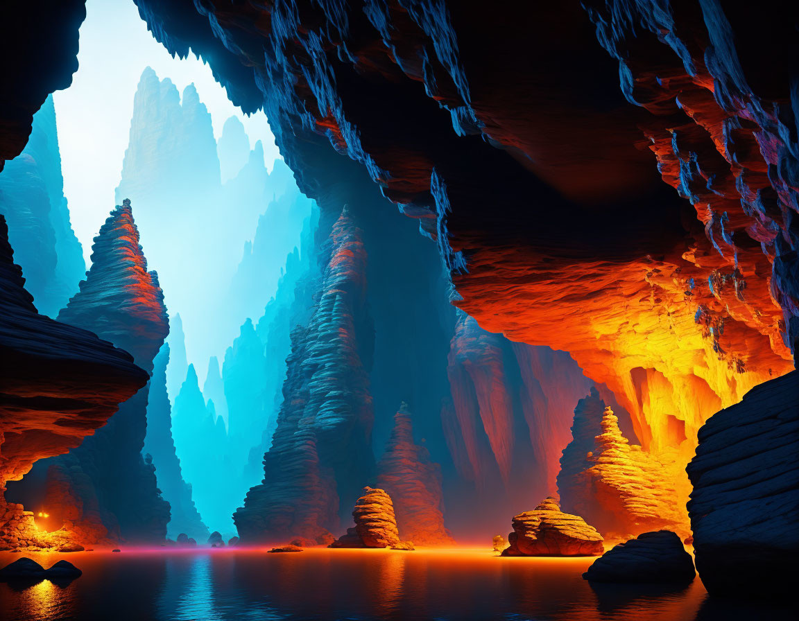 Colorful Cave with Stalagmites and Reflective Water