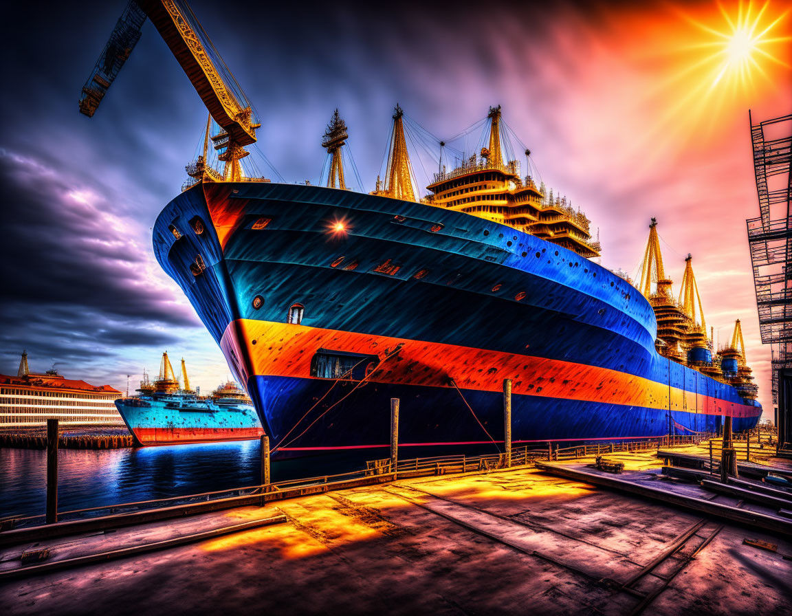 Large Blue Ship in Dockyard with Construction Cranes Under Sunset Sky