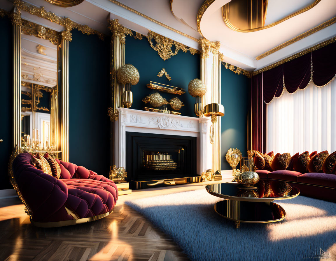 Elegant Room with Velvet Sofas, White Fireplace, Golden Accents, and Blue Carpet