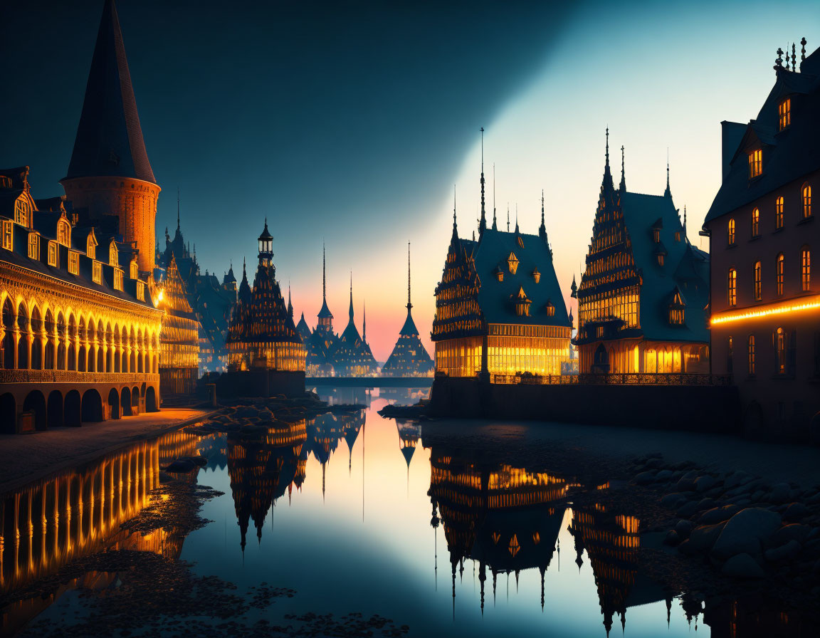 European Town Twilight Scene with Illuminated Buildings by Calm River