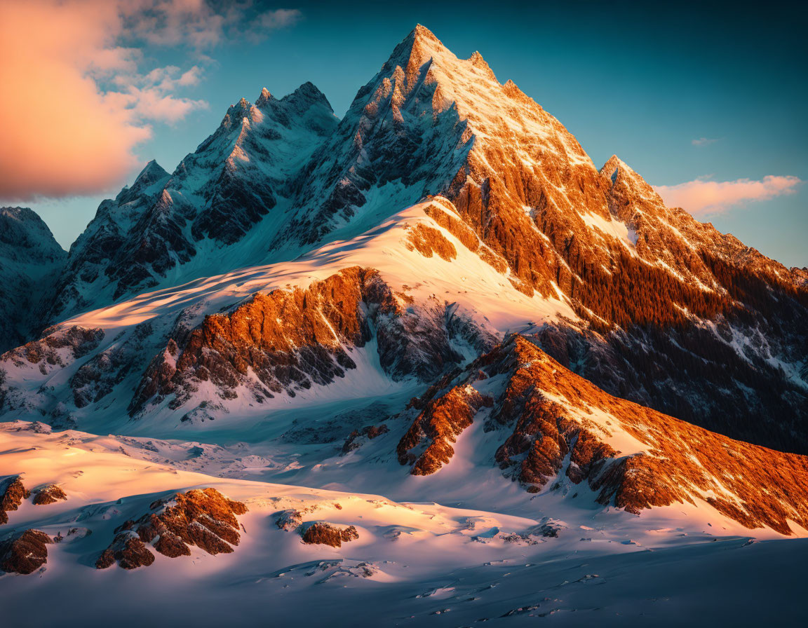 Snow-capped mountain peaks at sunset with warm light and shadows