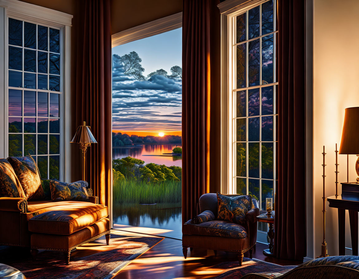 Luxurious interior with sunset river view through large windows