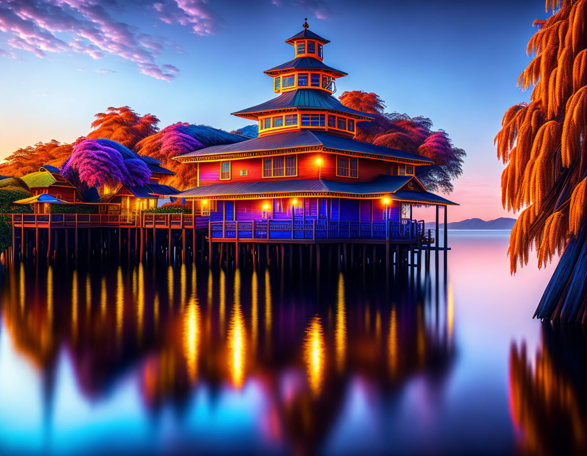 Colorful waterfront building at sunset with reflections, trees, and clear sky