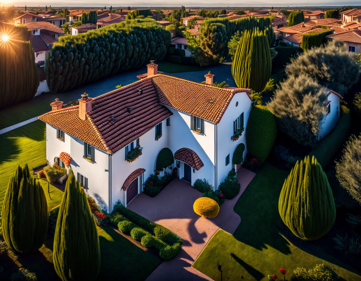 Luxurious Two-Story House with Red-Tiled Roof and Manicured Surroundings