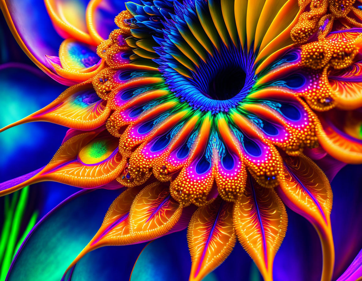 Colorful Digital Fractal Art: Kaleidoscopic Flower Patterns in Blue, Orange, and Purple