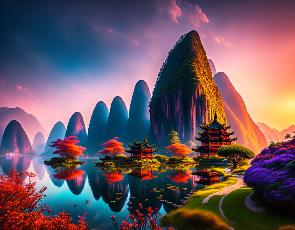 Majestic karst mountains, pagodas, lake, and colorful flora in vibrant landscape