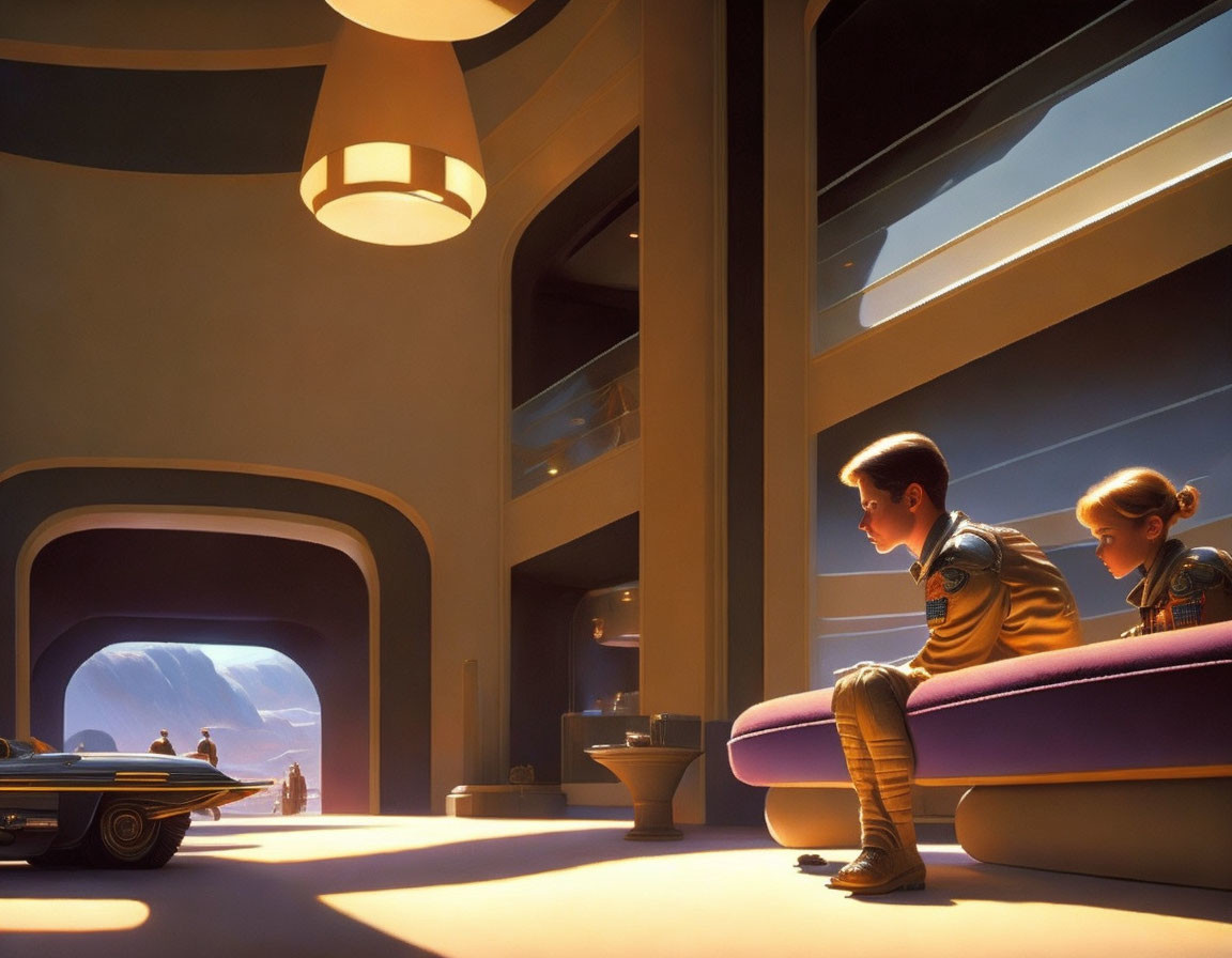 Futuristic interior scene with two individuals and hovering vehicle overlooking distant planet