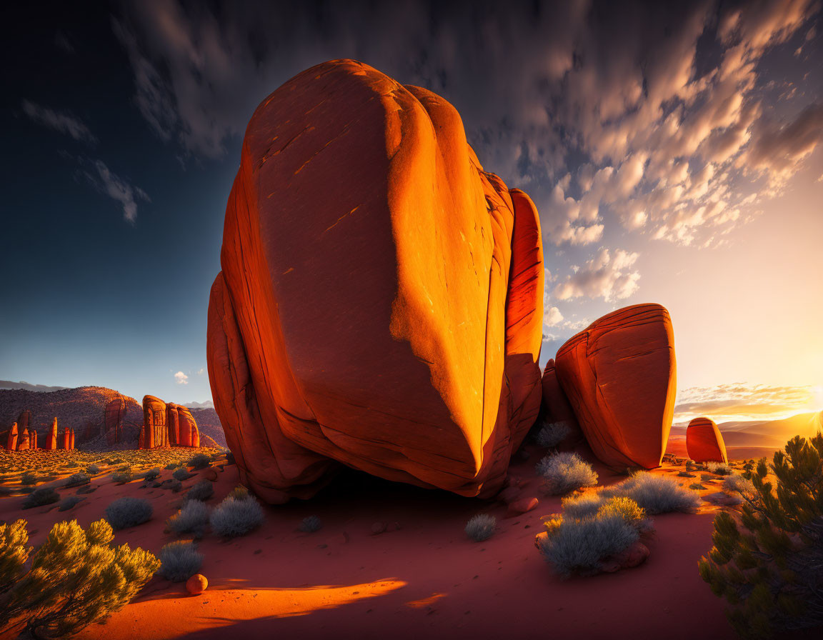 Vivid sunset illuminates large red rock in desert scenery