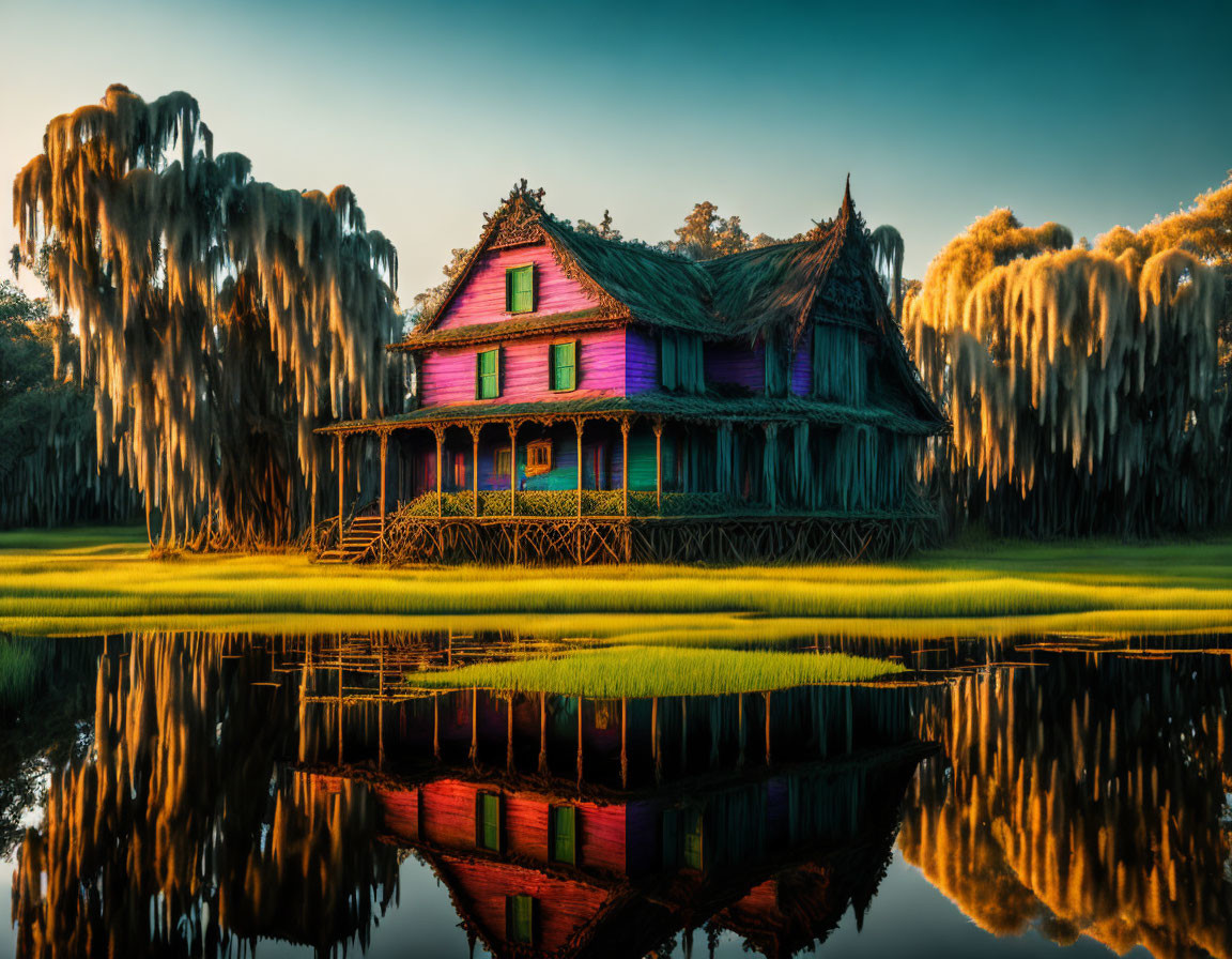 Abandoned house with thatched roof by reflective lake and weeping willows