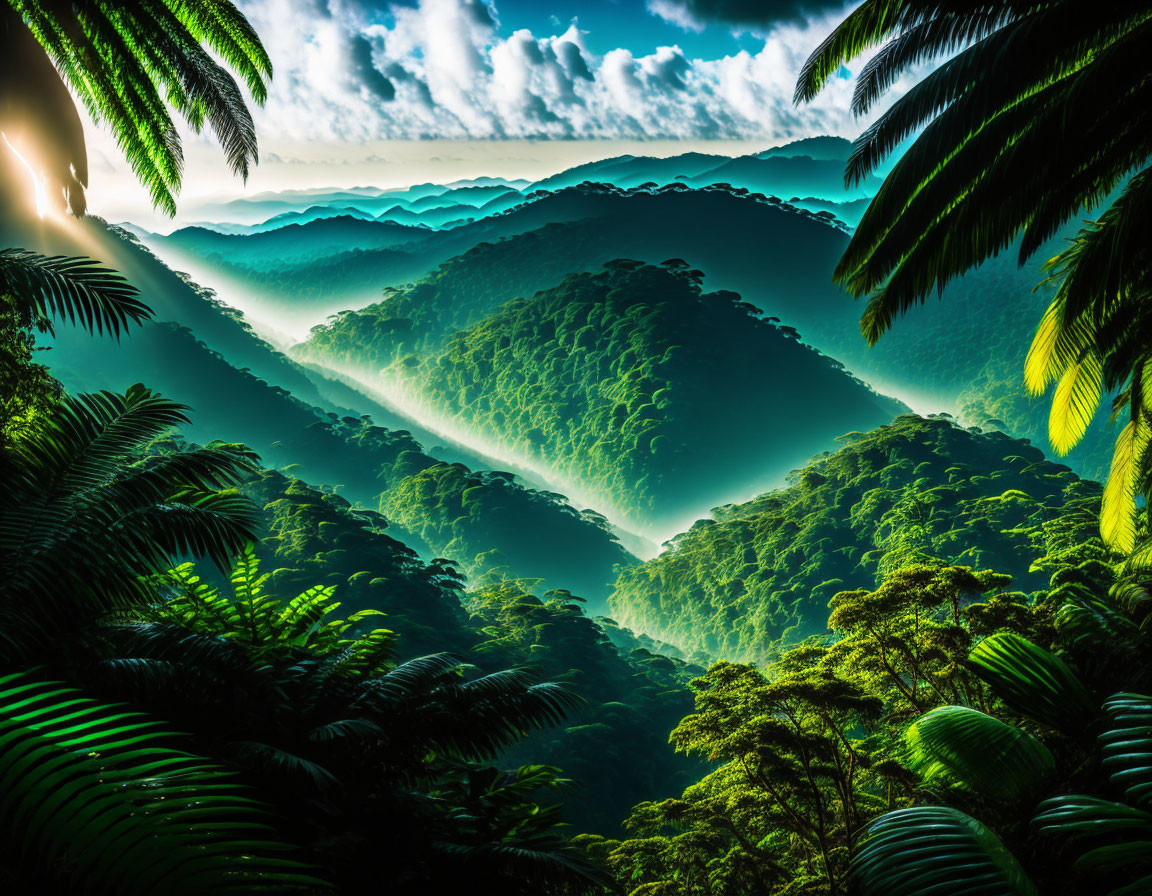 Tropical forest with sunbeams, hills, and blue sky