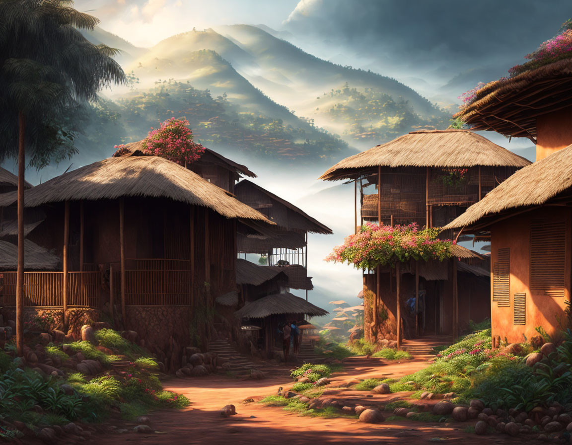 Scenic rustic village with thatched huts, blooming flowers, and mountain backdrop