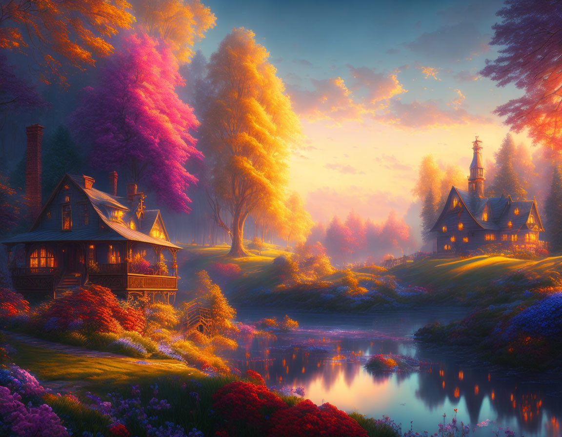 Tranquil sunset scene: cozy cottage by pond, colorful trees