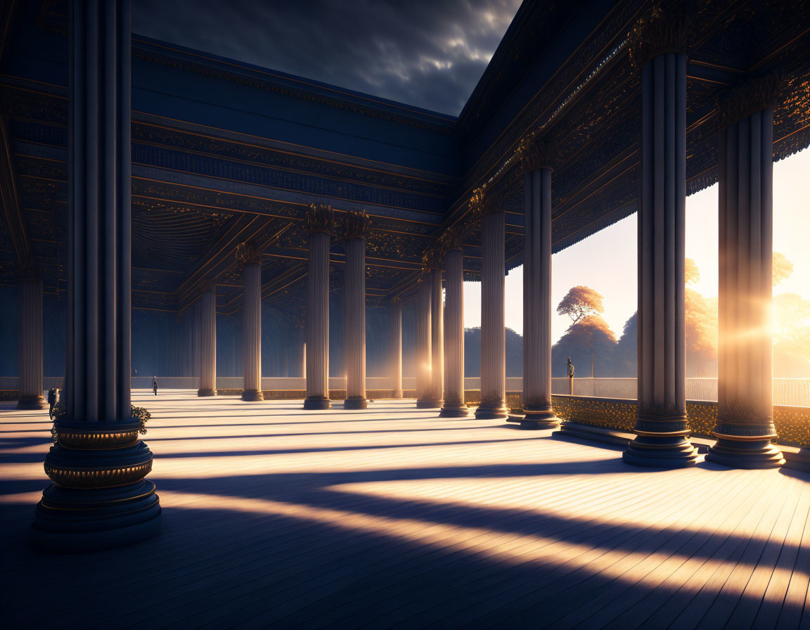 Classical columns in sunlight cast long shadows at dusk