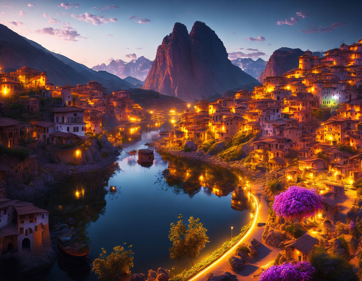 Twilight scenic village nestled between mountains