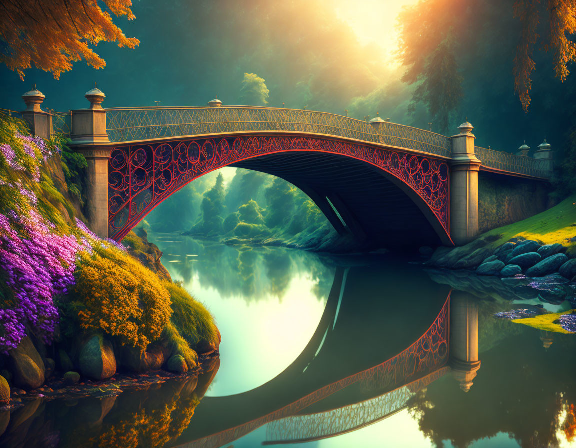 Intricate design bridge over calm river with lush foliage