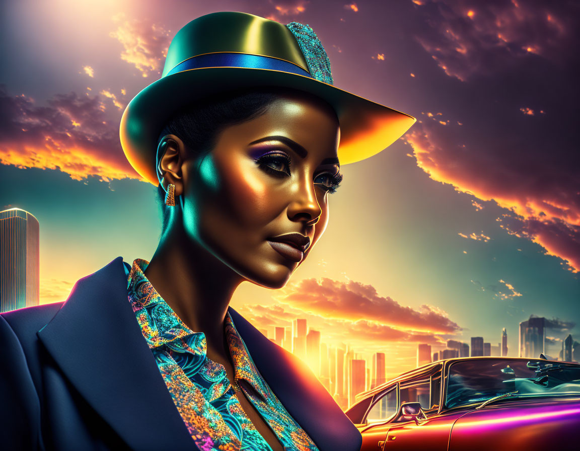 Stylized portrait of woman with hat in retro-futuristic cityscape.