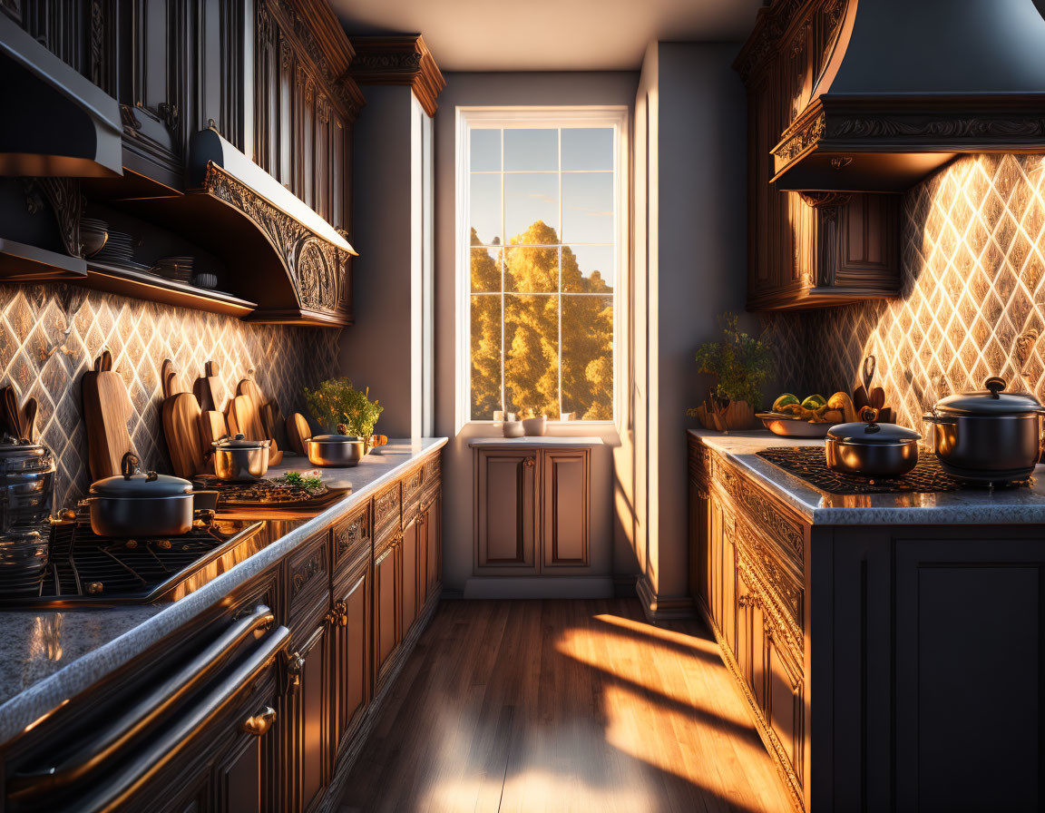 Sunlit kitchen with wood cabinets, stainless steel appliances, and view of trees.