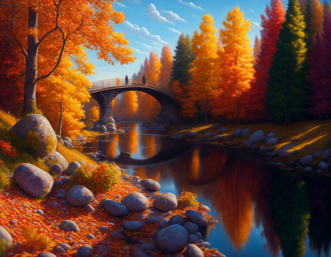 Tranquil autumn landscape with stone bridge, river, and colorful trees