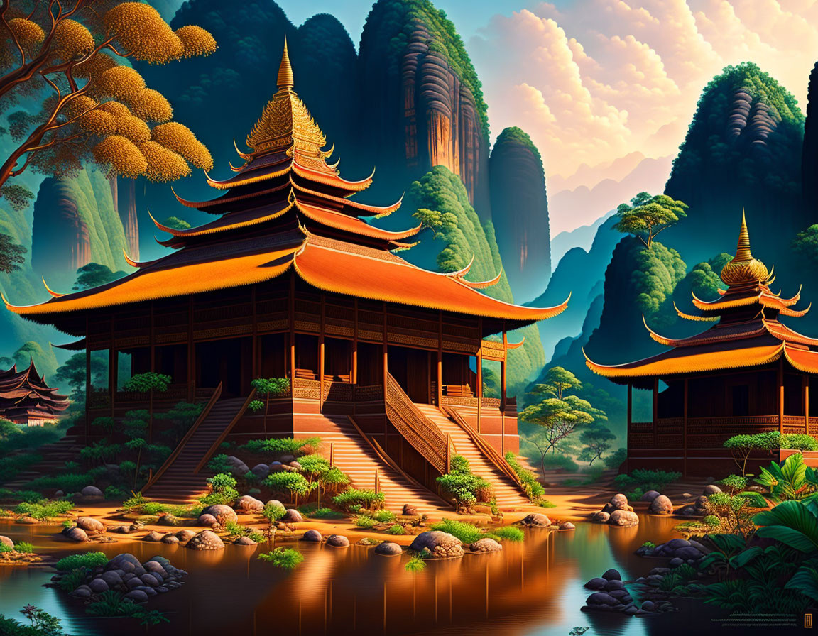 Asian-style Buildings in Serene Mountain Landscape at Sunset