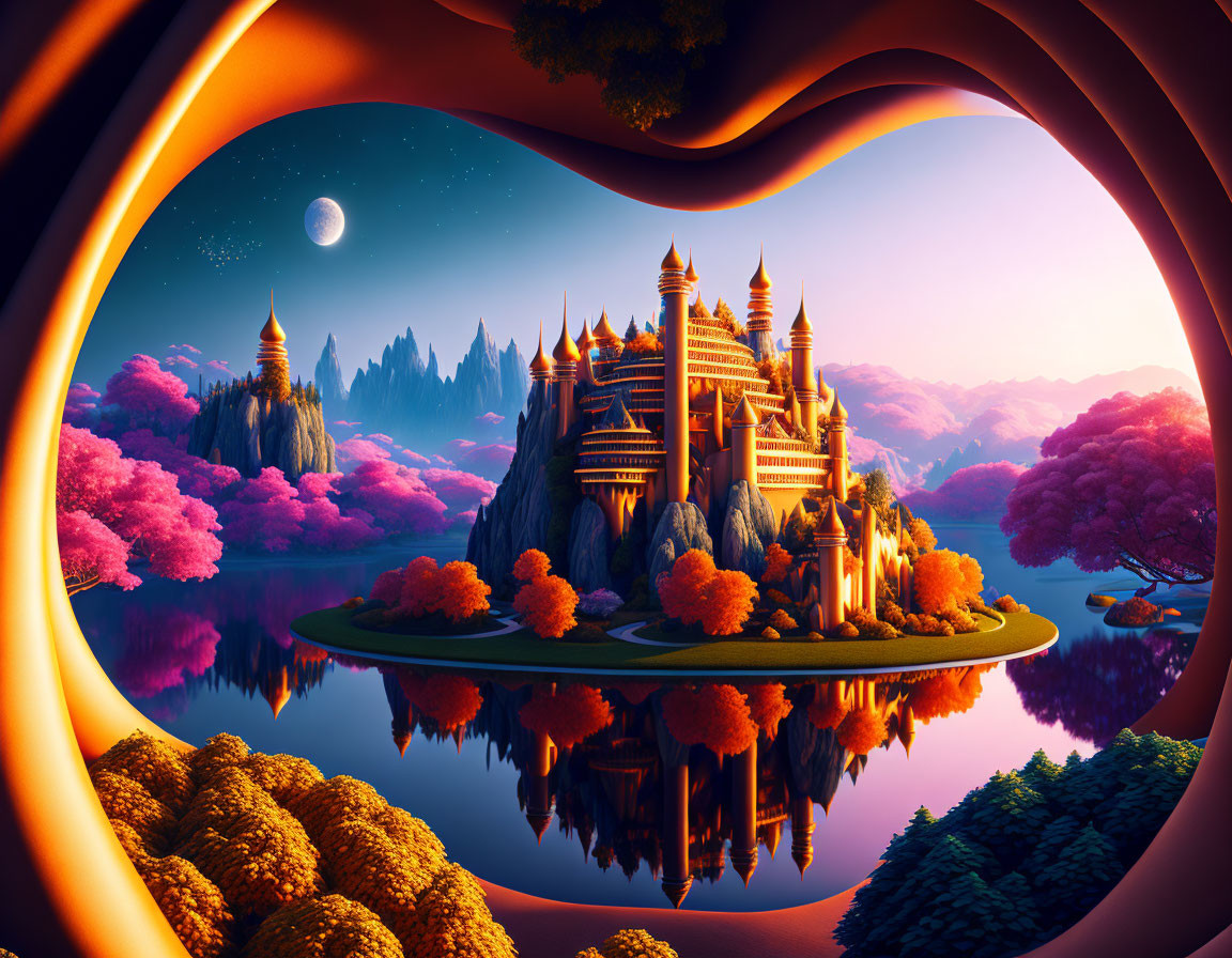 Fantastical landscape with glowing castle on island and pink trees under full moon