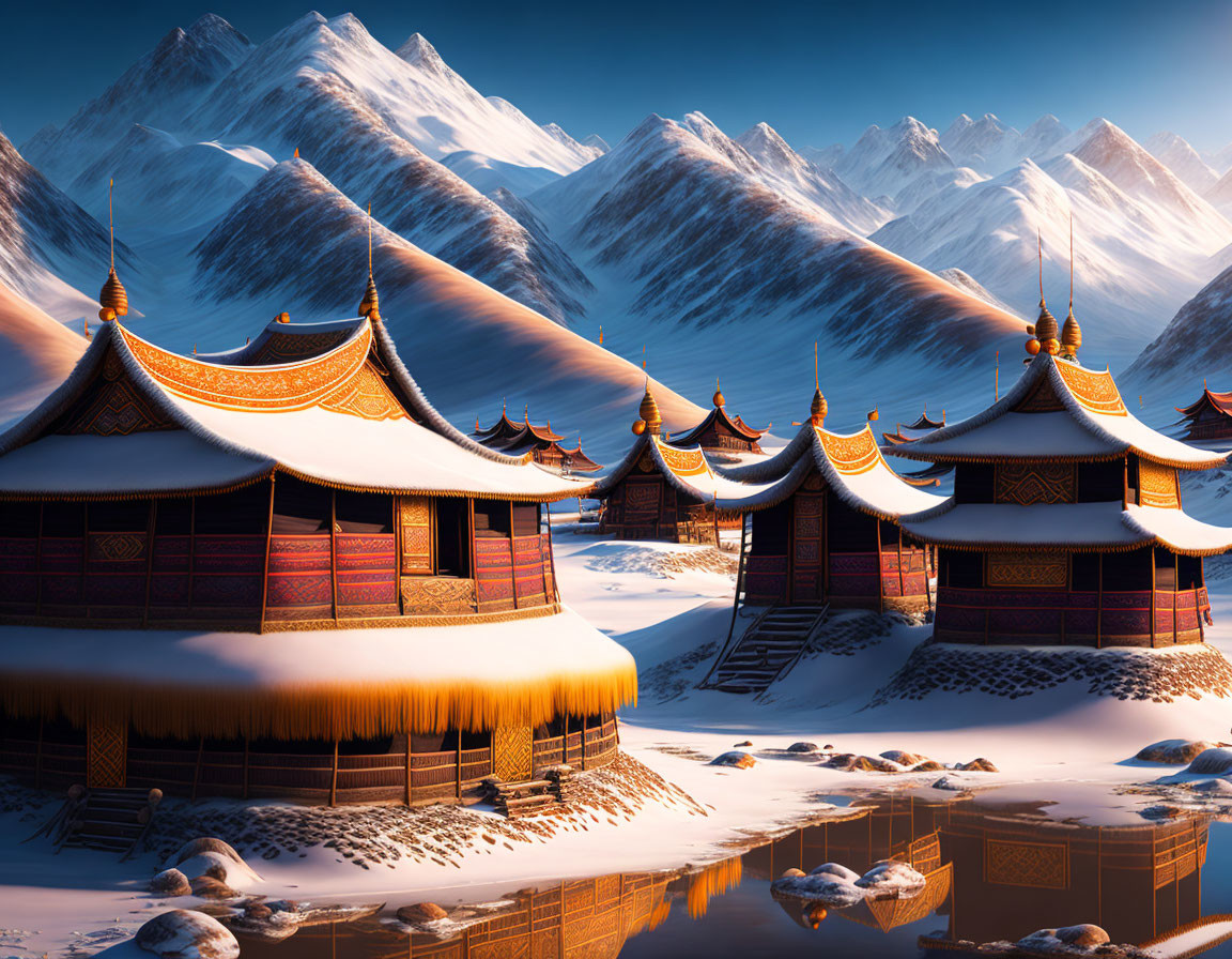 Asian-style Buildings with Upturned Eaves by Calm River and Snowy Mountains