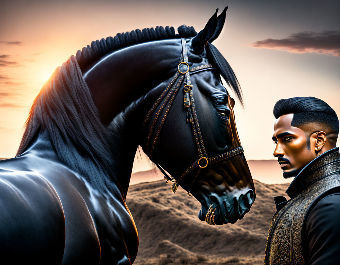 Man in formal attire with black horse at sunset.