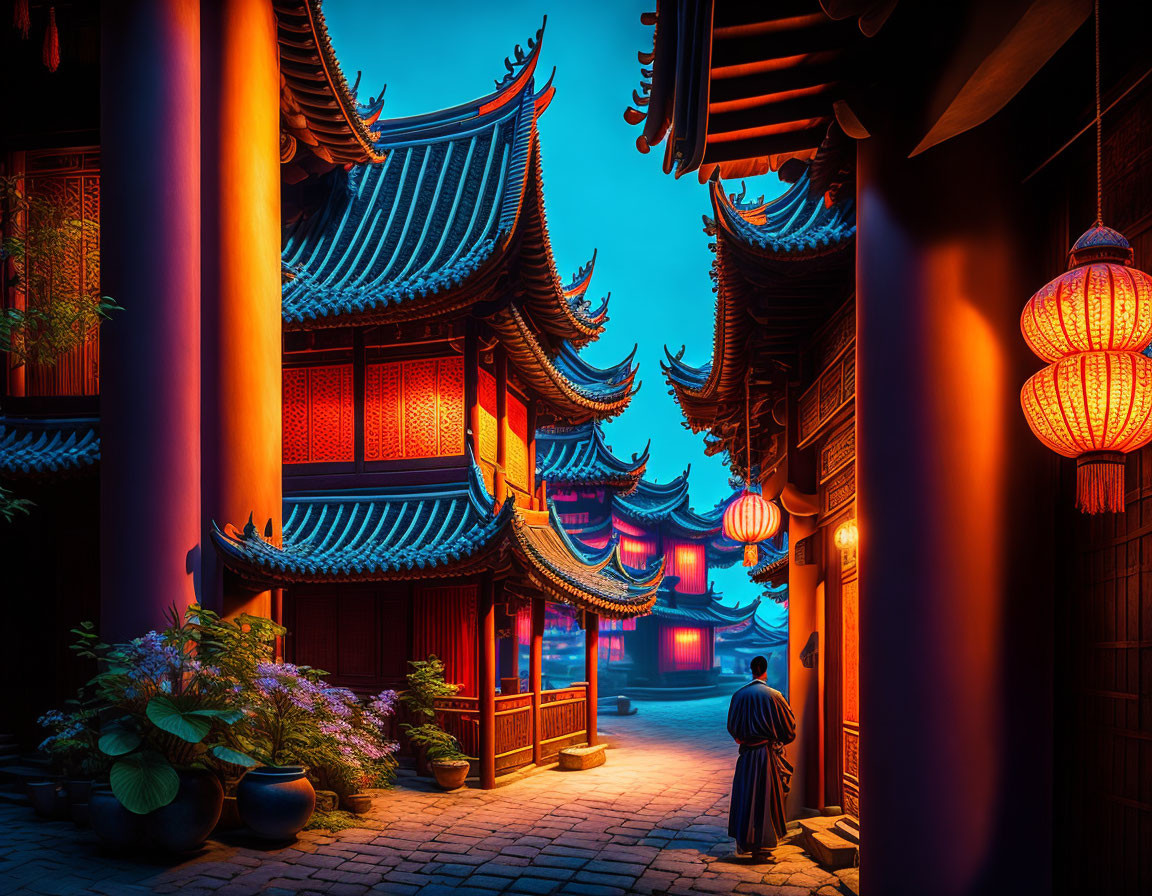 Person in Traditional Attire in Vibrant Chinese Alley with Red Lanterns