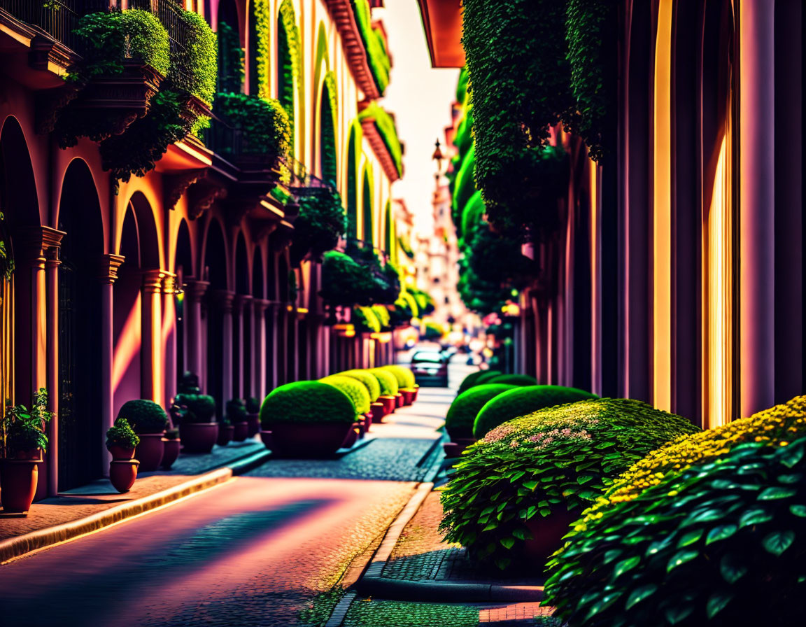 Lush Green Plants and Warm-Hued Buildings on Vibrant Street