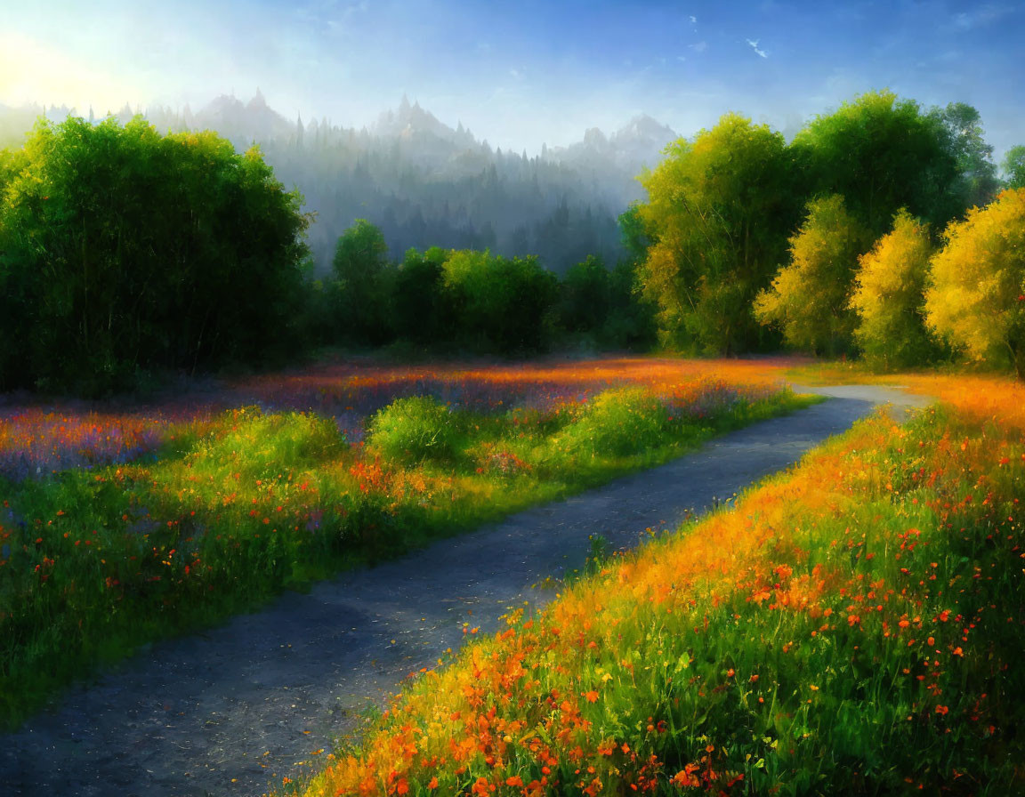 Colorful wildflower field with winding path and misty forested hills