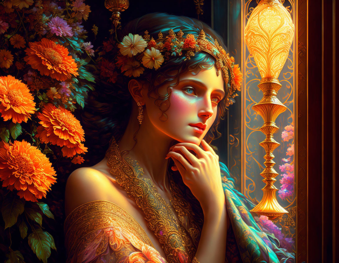 Illustration of thoughtful woman with floral crown in warm light.