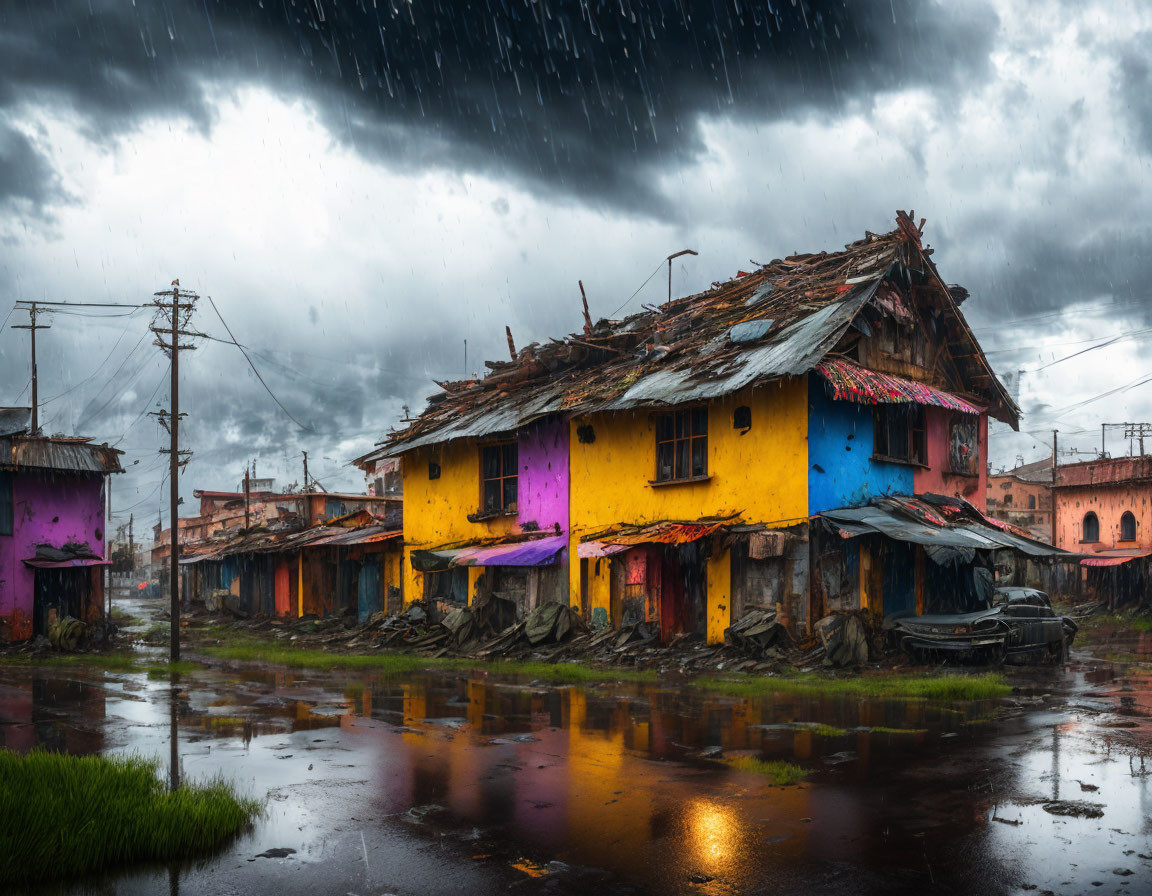 Dilapidated buildings and abandoned car in rainy cityscape