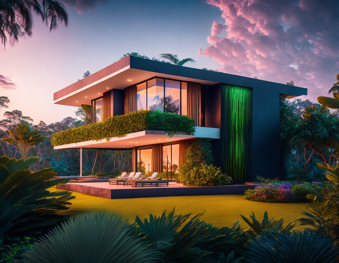 Modern house with large glass windows, flat roofs, lush greenery, twilight skies, tropical foliage