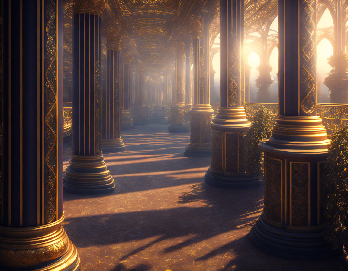 Majestic hallway with golden columns and intricate designs